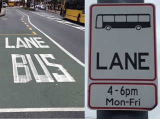 Lane markings and signs that indicate that only buses can use the lane between four and six pm between Monday and Friday.