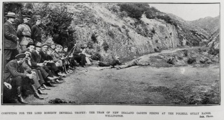 Competing for the Lord Roberts Imperial Trophy: the team of New Zealand Cadets at the Polhill Gully Range, Wellington.