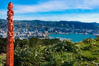 View of city and sea from Town Belt at Mount Victoria, with pou in foreground.
