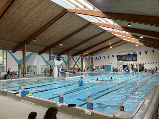 A medium sized public swimming pool with swim teachers coaching young children.