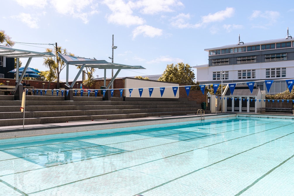 Pool viewing bleachers and toilet block