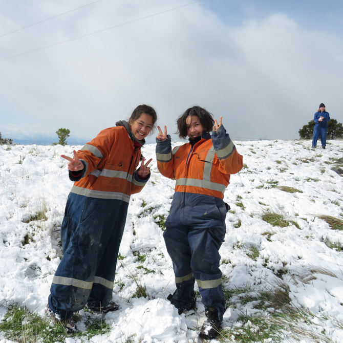 Two young women posing happily  in a field of snow on a road trip. 
