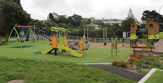 Green space and the play area with swings, slides, play forts etc.