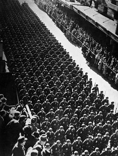 US Marines marching in formation down Lambton Quay, 1942.