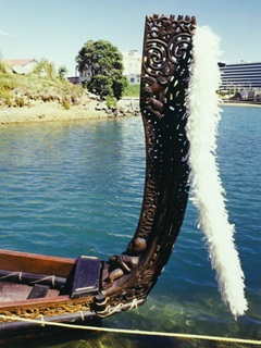 The taurapa or carved tailpiece of a waka used in Waitangi Day celebrations.