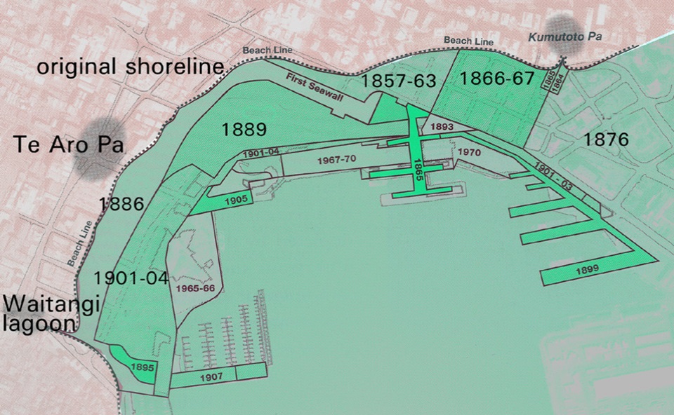 Map showing original shoreline and reclaimed land.