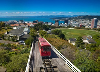 Wellington cable car with a view of the harbour.