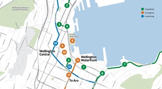 Map of Wellington city centre and the waterfront with numbers 1 to 14 showing the location of completed work and work in progress.