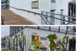 Before and after images of Karori public toilets, the before is a plain white building, after is painted in green and orange trees.