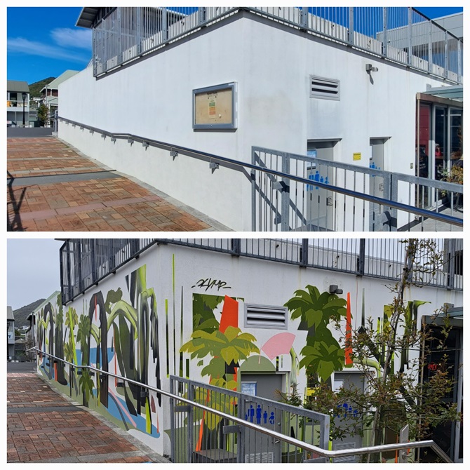 Before and after images of Karori public toilets, the before is a plain white building, after is painted in green and orange trees.
