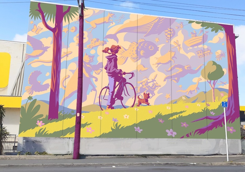 Large mural of a person on a bike with a dog next to them.