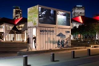Container housing interactive exhibition showing the city in 2040. 
