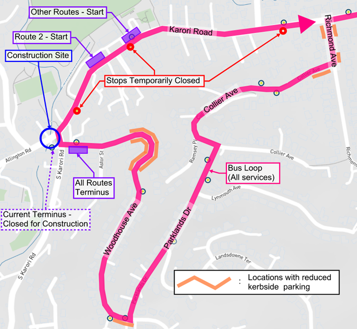 Map of the area of work with bus routes for Allington Road.