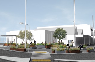 Artistic render of the Berhampore Village upgrades showing a wide footpath with seating, trees and planting.
