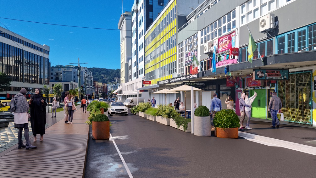 Artist's impression of Dixon Street changes. A parklet has been added on the side of the road, and people are walking on a wooden boardwalk.