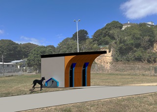 3D render of Ian Galloway Park toilets, showing two restrooms and a dog hitching area