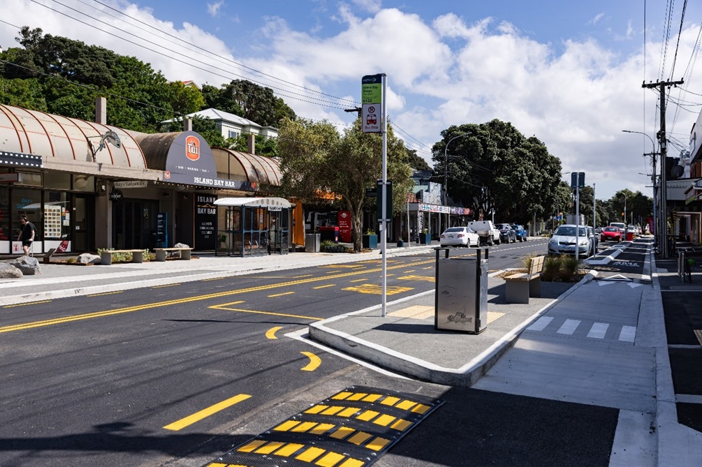 Island Bay upgrade showing the in-lane bus stop, rubbish bins, seating, footpath.