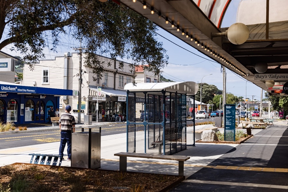 Island Bay shopping centre upgrade showing the bus stop, bike rack, seating, rubbish bins.