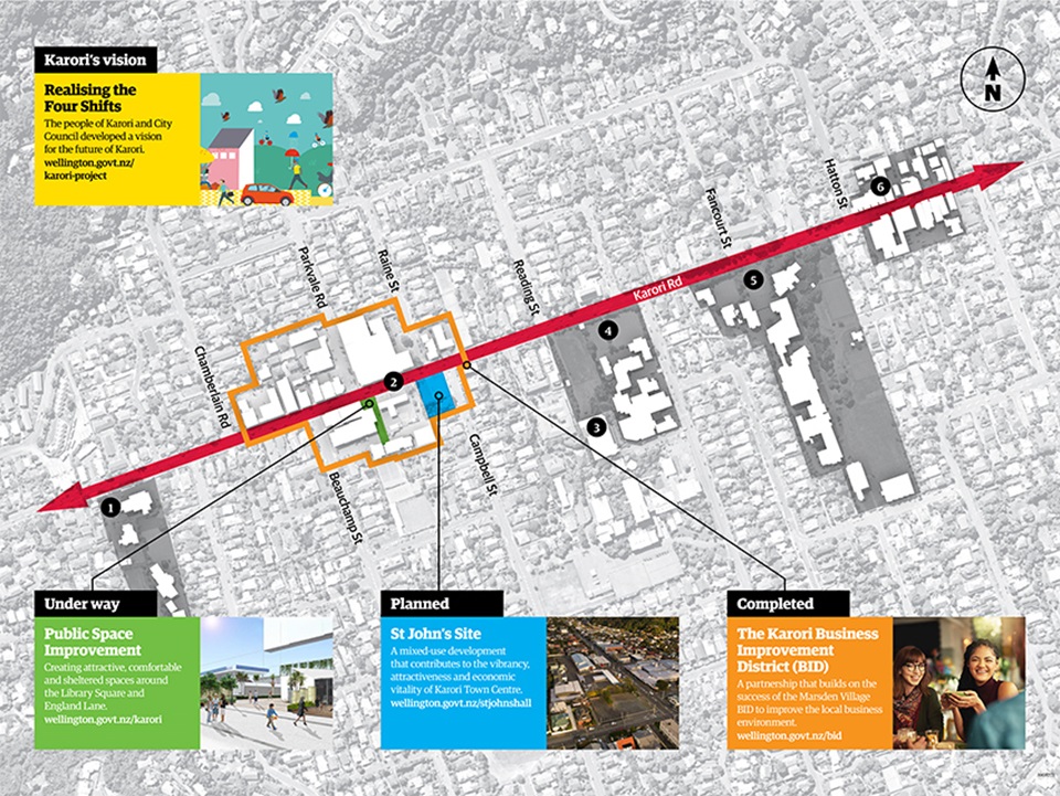 Map of Karori with development areas highlighted.