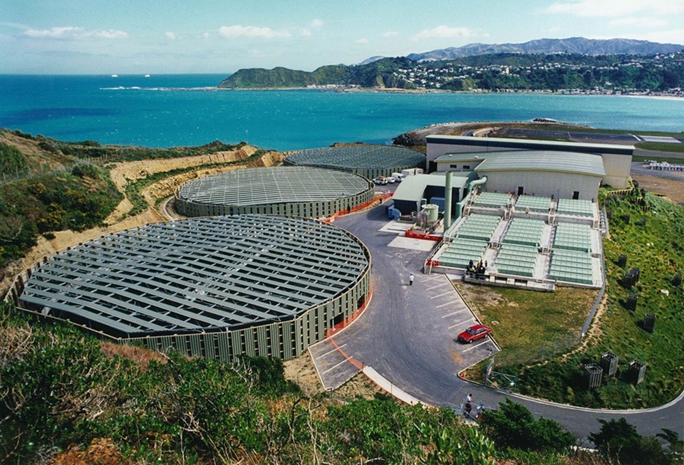 Moa Point treatment plant in Miramar, viewed from the hillside above.
