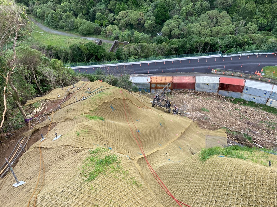 View from atop Ngaio gorge showing protective netting on the hillside.
