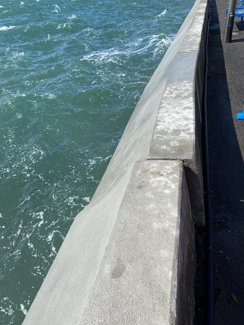 Oriental bay sea wall showing a crack between two of the panels with a 100mm gap between.