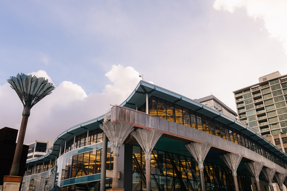 Te Matapihi ki te Ao Nui Central Library Harris Street view with nikau