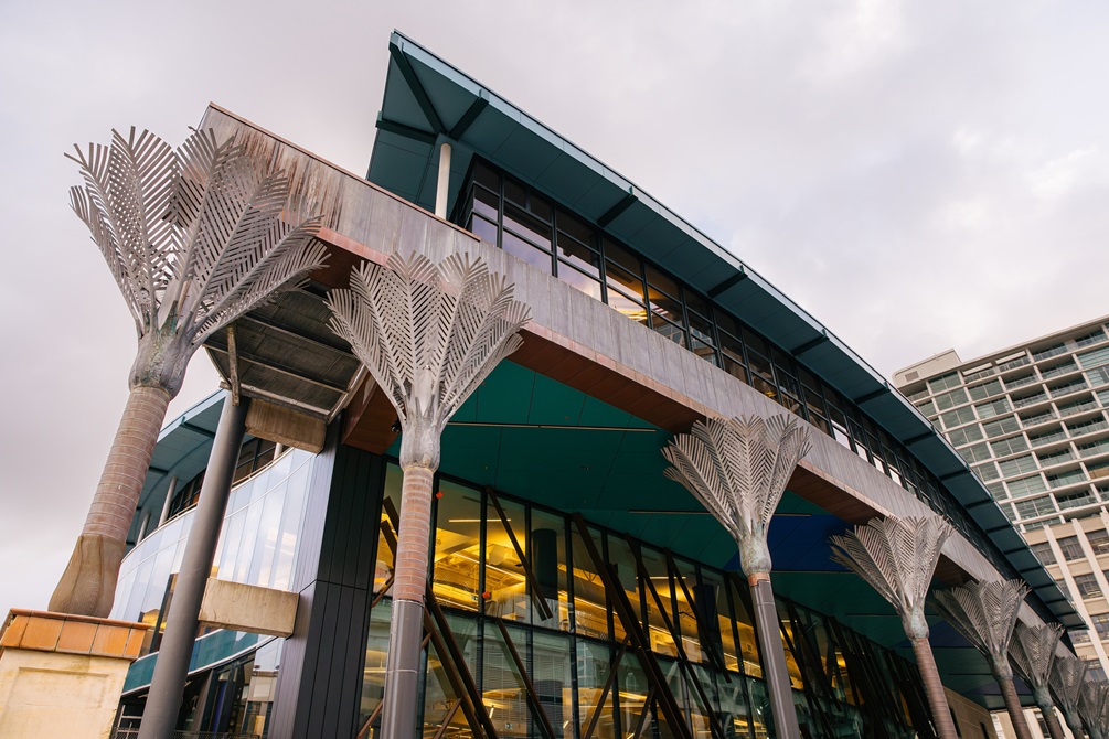 Te Matapihi ki te Ao Nui Central Library Harris Street view with nikau