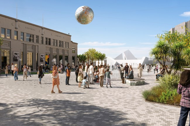 Artist's impression of civic square after the upgrade. Various people populate the square on wooden seating, and an installation of water jets are spraying in the centre of the square.