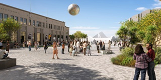 Artist's impression of civic square after the upgrade. Various people populate the square on wooden seating, and an installation of water jets are spraying in the centre of the square.
