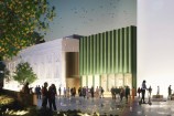 A render of the proposed Town Hall at night from Te Ngākau Civic Square side.