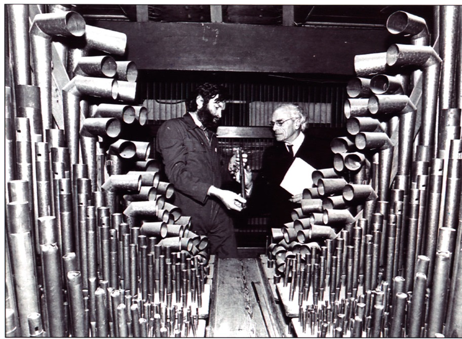 John Hargraves, South Island Organ Company, and Wellington City Organist Maxwell Fernie behind the organ's great soundboard. 