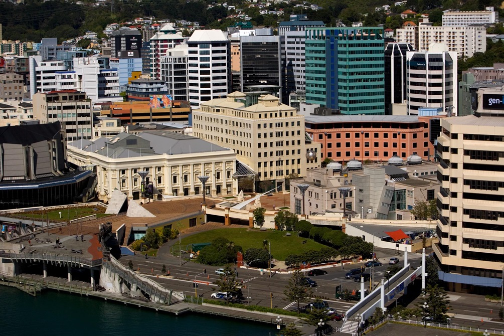 View of Wellington Town Hall, the Council buildings complex and Jack Ilott Green from the sea.