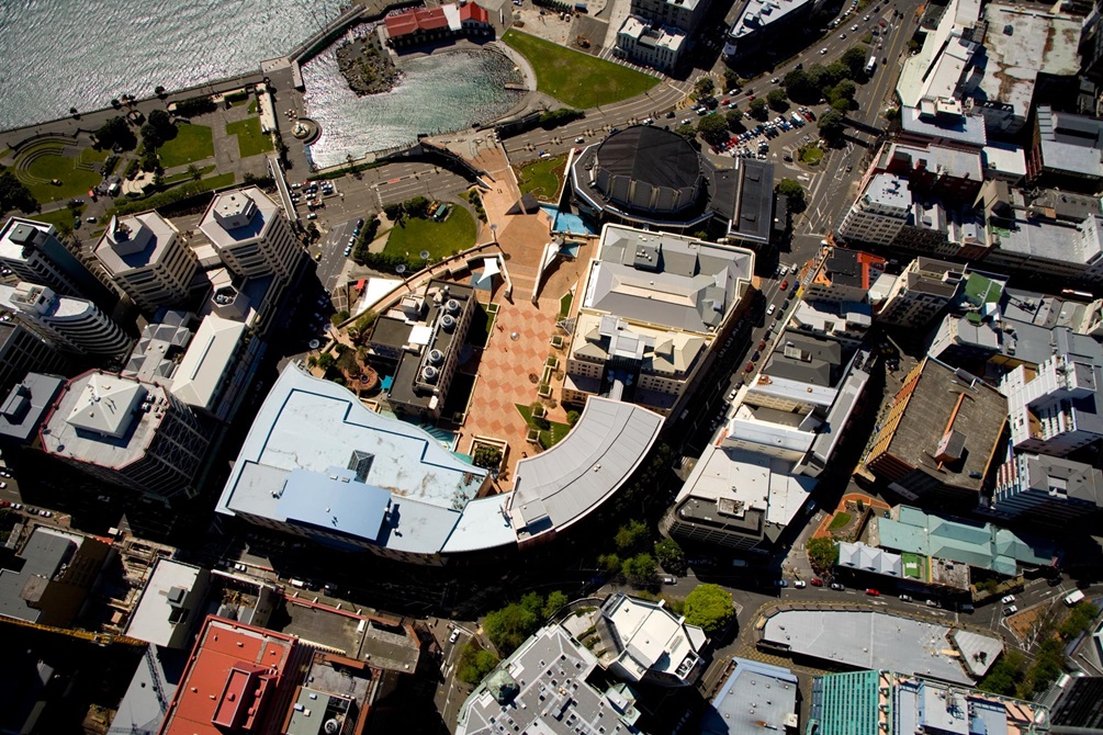 Looking down on the Town Hall, Wellington City Council buildings and Civic Square from the air.