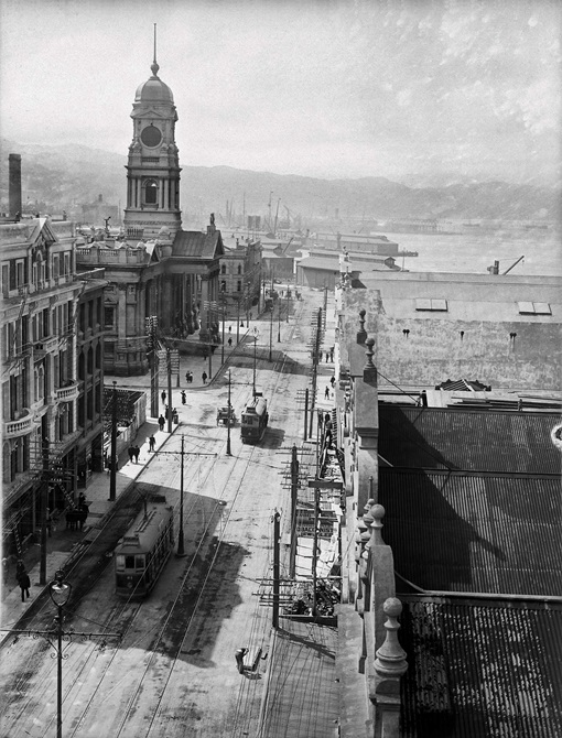 View of Wellington Town Hall, looking down Victoria Street towards the harbour. 
