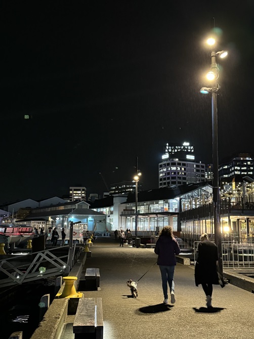 Waterfront at night after lighting improvements.