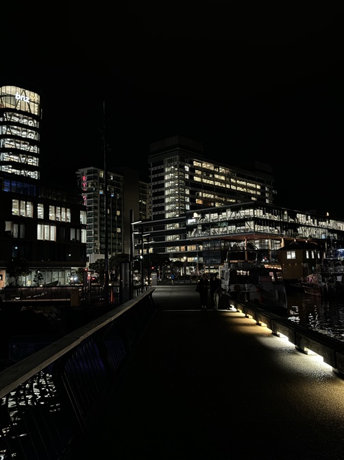 Waterfront at night before lighting improvements.