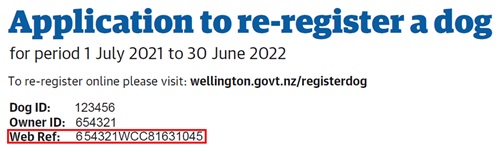 Where web ref is located on the dog re-registration application form.