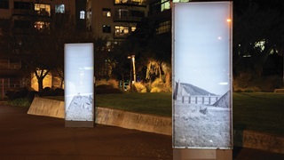 Two Cobblestone Park light boxes showing Hannah Hopewell artworks.
