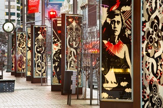 Johnson Witehira's Land of Tara exhibition installed in Courtenay Place lightboxes.