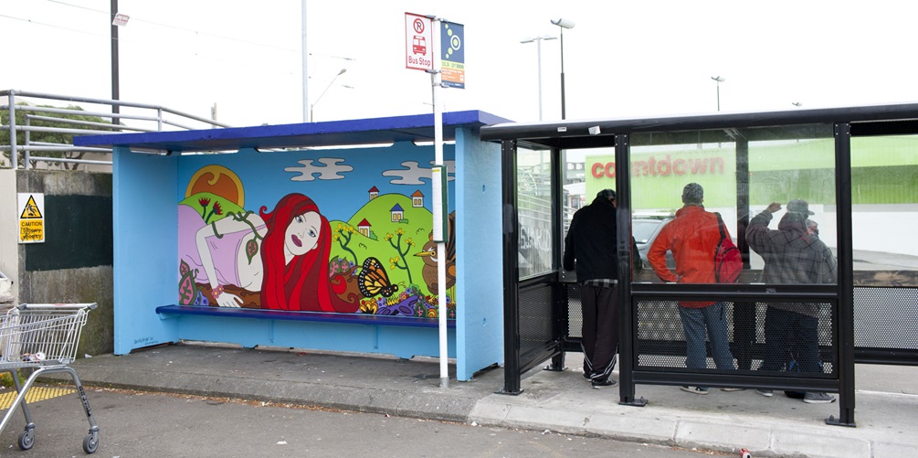 Bus shelter, Johnsonville Mall, by Christie Wright.