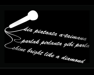 A white silhouette of a microphone and cursive text against a black background.