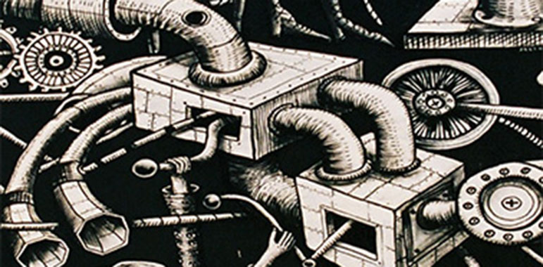 Close-up of black and white mural in illustrative style showing projector parts.