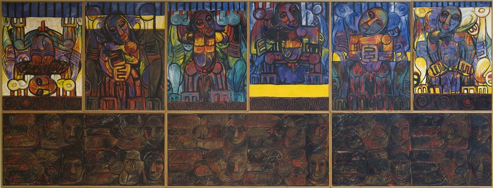 The painting depicts Gods across the top six panels:  Tane – God of trees and all the forests Haumia-tiketike – God of uncultivated foods Tangaroa – God of the seas Tāwhirimātea – God of the winds Rongomatane – God of peace Tūmatauenga – God of war. The three bottom panels depict figures that represent the tangata whenua, the people who carpet the earth.