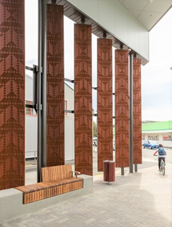 Eight carved timber panels at the front entrance of the Waitohi Johnsonville Community Hub titled He Raukura by Matthew McIntyre Wilson.
