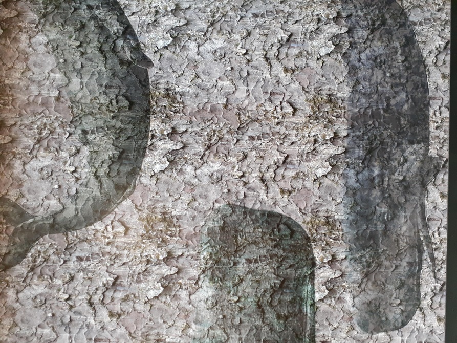 A close up of Waitohi ki tai, showing a textured, uneven mural. 