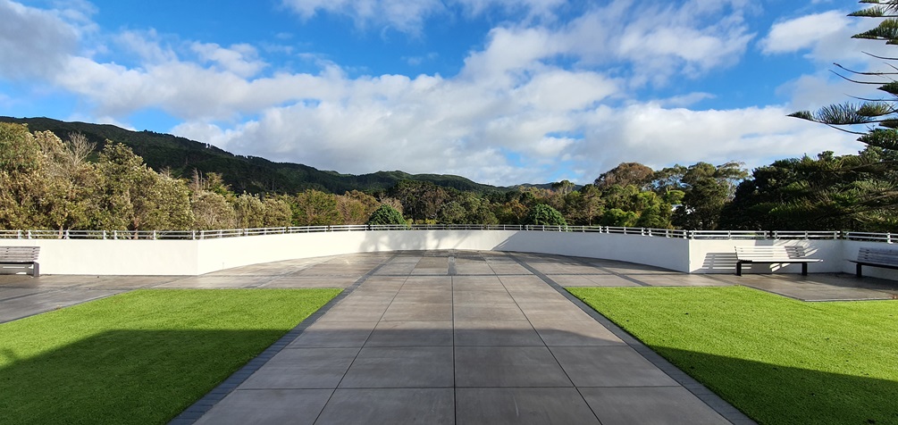 A large paved area with a view up the Wellington Skyline.