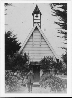 Old black and white photo of St. Annes church, Porirua.