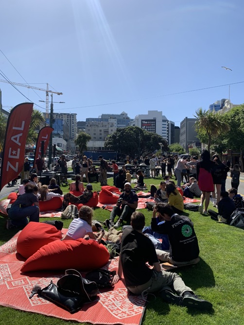 People gathered sitting on picnic blankets on the grass at Te Aro park, red flags can be seen in the background with the ZEAL logo on them. It's a beautiful sunny day.