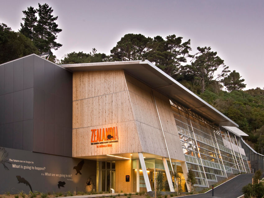 Visitors centre building with the word Zealandia in the entrance.